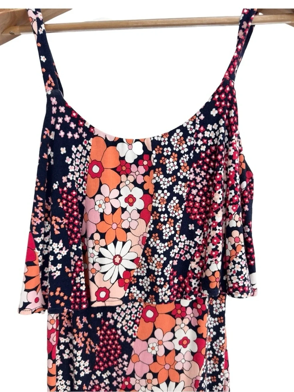 Michael Kors Floral Ruffle Midi Dress Sleeveless Stretch Navy Pink Womens Small
